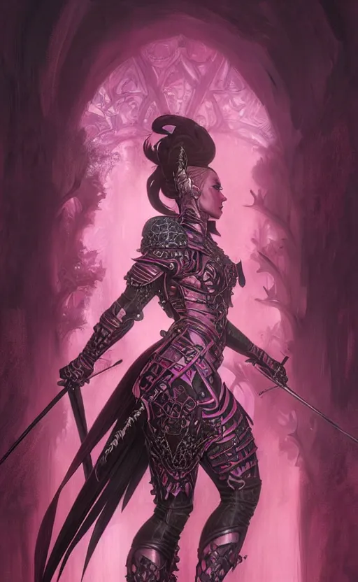 Prompt: Gothic muscular warrior queen in pink and black mythical heavy armor of thick steel plates, fantasy, highly detailed, digital painting, artstation, concept art, smooth, sharp focus, illustration, art by artgerm and greg rutkowski and alphonse mucha