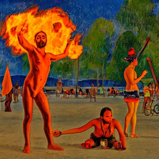 Prompt: burning man camp on the esplanade with fire spinning, art by paul gauguin