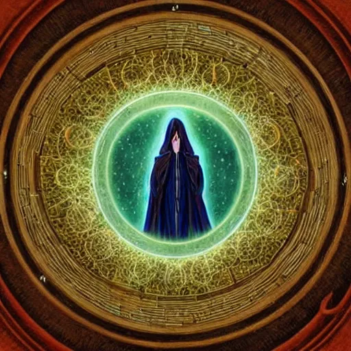 Image similar to a quantum computer surrounded by a dark cabal of hooded elven mystics gathered in a circular formation, michael whelan art