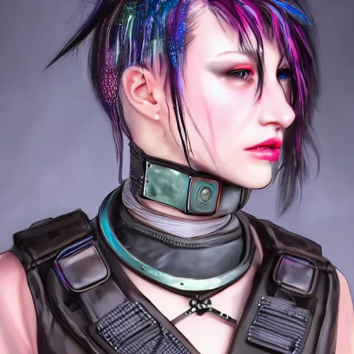 Image similar to detailed realistic cyberpunk female character cyberpunk wearing steel collar around neck, realistic, art, beautiful, 4K, collar, choker, collar around neck, punk, artstation, detailed, female, woman, choker, cyberpunk, neon, punk, collar, choker, collar around neck, thick collar, choker around neck, wearing choker, wearing collar, bright neon punk hair,