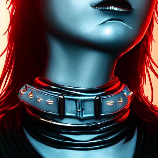 Image similar to detailed realistic female character cyberpunk wearing thick steel collar around neck, realistic, art, beautiful, 4K, collar, choker, collar around neck, punk, artstation, detailed, female, woman, choker, cyberpunk, neon, punk, collar, choker, collar around neck, thick collar, choker around neck, wearing choker, wearing collar,