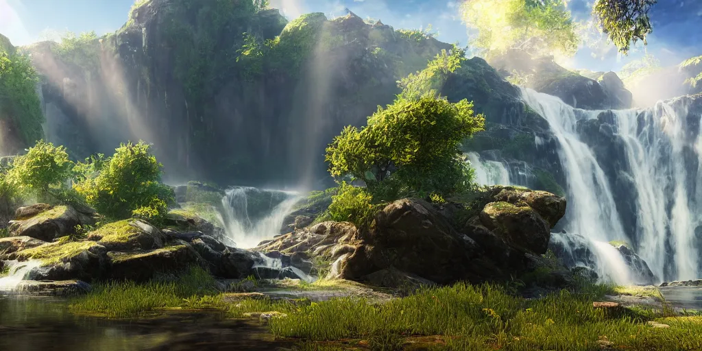 Image similar to stunning landscape, waterfall, god rays, 8 k uhd, unreal engine, octane render in the artstyle of kuindzhi