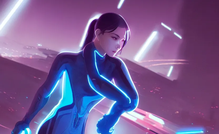 Image similar to tron legacy scenery of a woman in a neon blue matte black outfit, full shot, atmospheric lighting, detailed faces, by makoto shinkai, stanley artgerm lau, wlop, rossdraws