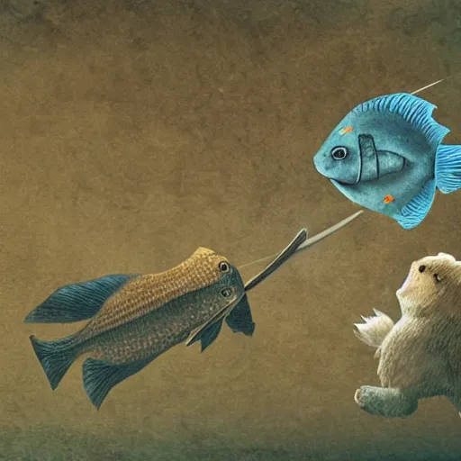 Image similar to a fish having a sword fight with a bear