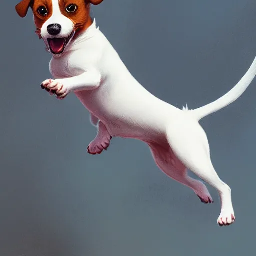 Image similar to adorable jack russel terrier jumping over a white picket fence, fantasy art, artstation character design contest winner, trending on cgsociety, concept art, speedpaint, beautiful digital art, jesper ejsing, james jean, justin gerard, fenghua zhong, makoto shinkai, highly detailed