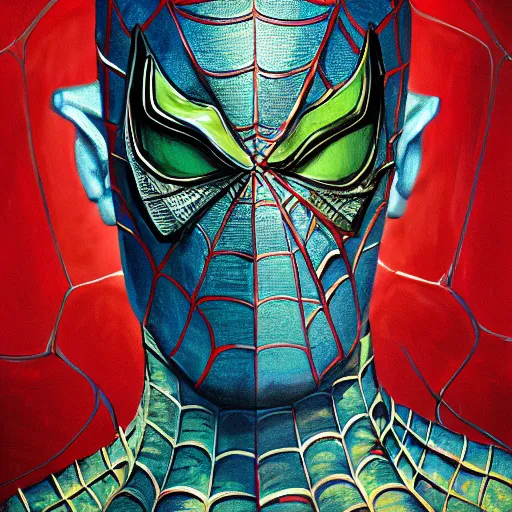 Prompt: Intricate five star 🐉 spiderman facial portrait by Pablo Picasso and Greg Rutkowski, oil on canvas, HDR, cinematic, vibrant colors, photo realistic, hyperrealism,high detail, matte finish, high contrast, 3d depth, masterpiece, vivid colors, artstationhd , deviantart