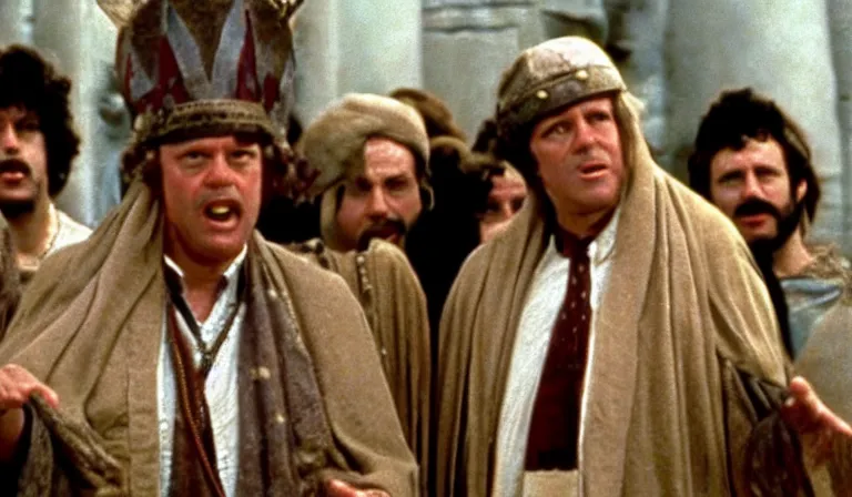 Image similar to a film still of bernie sanders as brian in monty python's life of brian ( 1 9 7 9 )