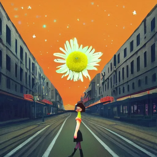 Prompt: giant daisy flower head, woman walking in a modern city, surreal photography, night sky, dark, stars, impressionist painting, digital painting, artstation, simon stalenhag