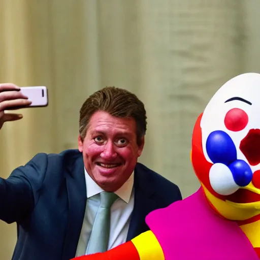 Prompt: president with clown head taking a selfie in a podium next to first minister