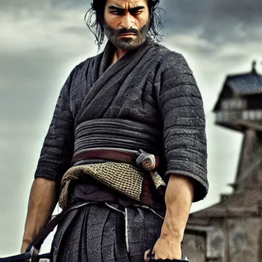 Image similar to handsome and strong kurdish samurai in a movie directed by christopher nolan, movie still frame, promotional image, imax 7 0 mm footage, perfect symmetrical facial features