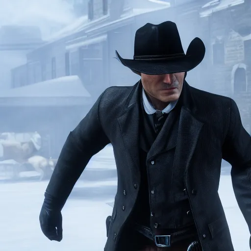 Prompt: Film still of Bruce Wayne, from Red Dead Redemption 2 (2018 video game)