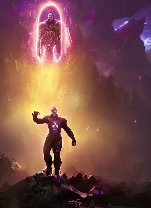 Prompt: Thanos standing in a portal of energy on a post apocalyptic battlefield, grinning emperor of the world, action pose, dramatic lighting, high contrast, cosmic horror, abstract, masterpiece, trending on ArtStation, by Moebius, blizzard concept artists, Greg Rutkovski and by Craig Mullins and by David Cronenberg and by Ismail Inceoglu