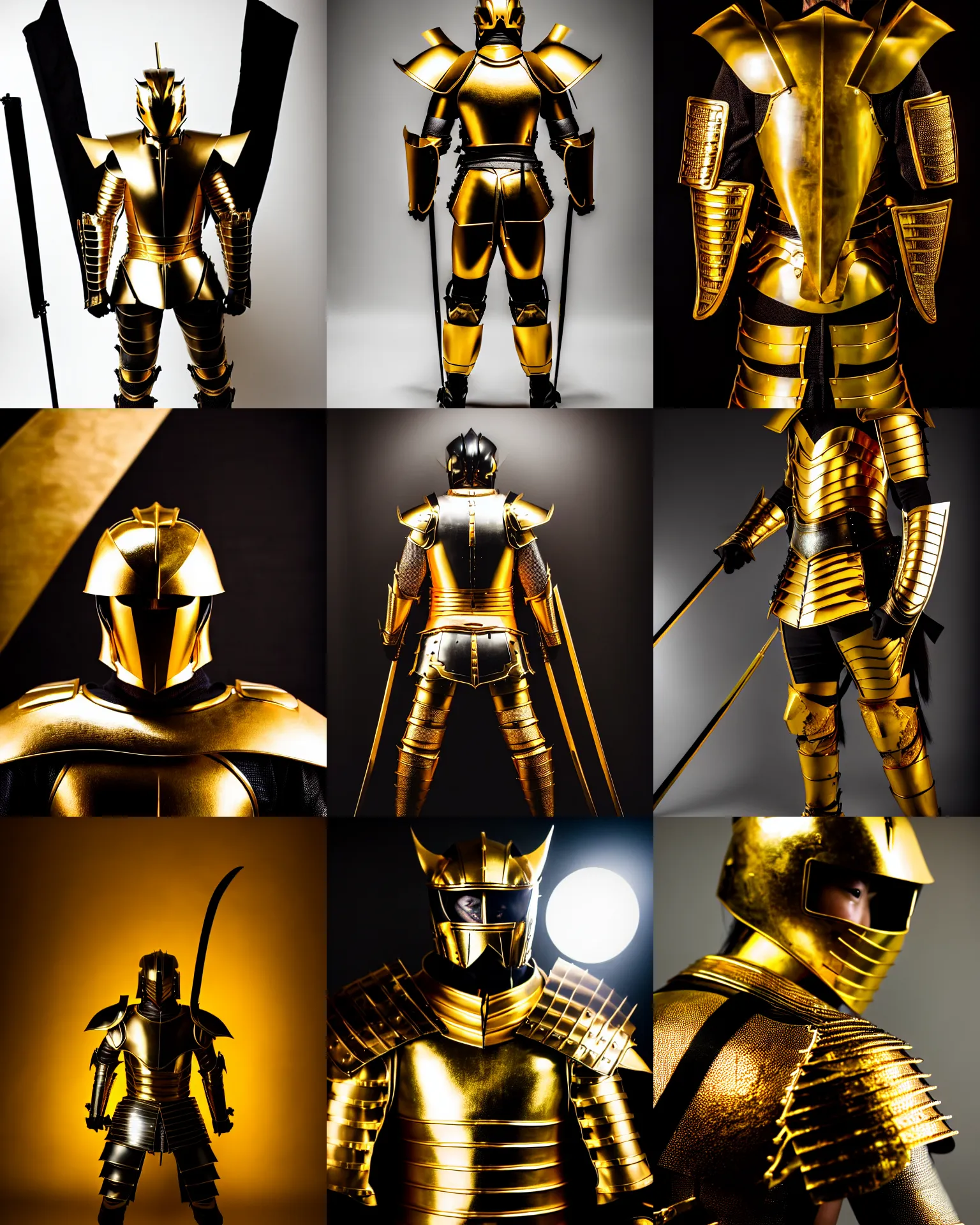 Prompt: a studio photography of samourai wearing gold and black armor, wide angle, dramatic backlighting,