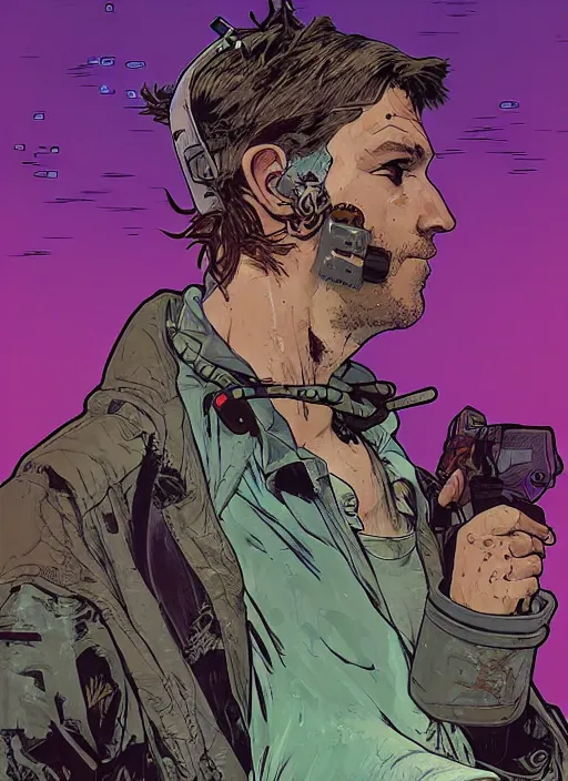 Image similar to cyberpunk beach bum. portrait by ashley wood and alphonse mucha and laurie greasley and josan gonzalez and james gurney. splinter cell, apex legends, rb 6 s, hl 2, d & d, cyberpunk 2 0 7 7. realistic face. character clothing. vivid color. dystopian setting.