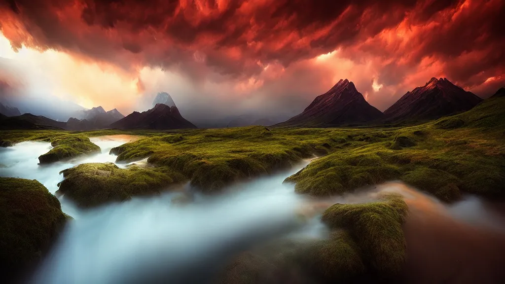 Image similar to amazing landscape photo by marc adamus, beautiful dramatic lighting