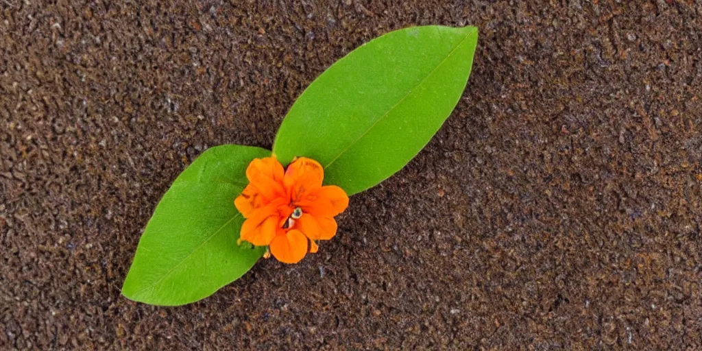 Prompt: a close up photo of an orange colored flower, a single green leaf is coming out of the flowers stalk, a tiny beetle is walking on the leaf, high resolution macro image 35mm