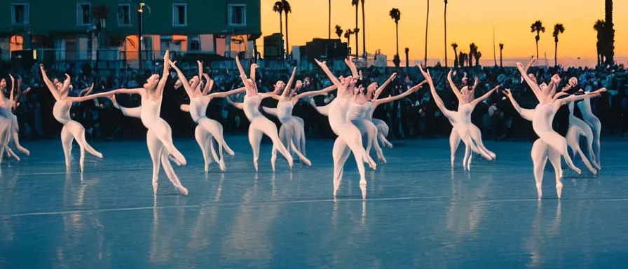 Prompt: contemporary russian ballet performance in los angeles at sunset, at venice beach, event photography, canon 5 0 mm ektachrome