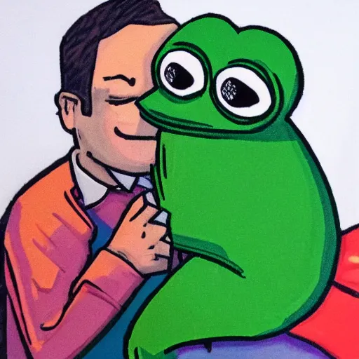 Image similar to super rich pepe hugging each other