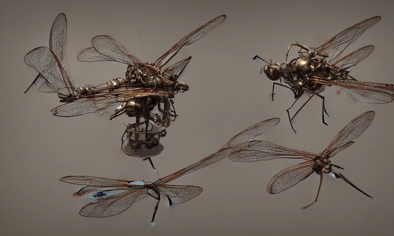 Prompt: diagram of a Mechanical dragonfly, photorealistic, elaborate, highly detailed, octane render, style by Richard Estes,