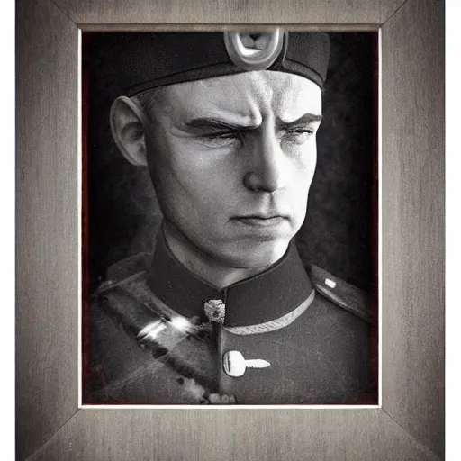 Prompt: An older man gazing sadly, a framed photograph of a younger man in a military outfit, stylized, trending on Artstation, gloomy, sullen, moody
