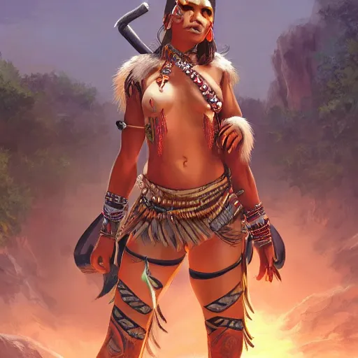 Prompt: hyperrealistic very beautiful tribal warrior women in front of a village, lucious appearance, joyful vibe and lighting, cgsociety, artstation, in the style of artgerm