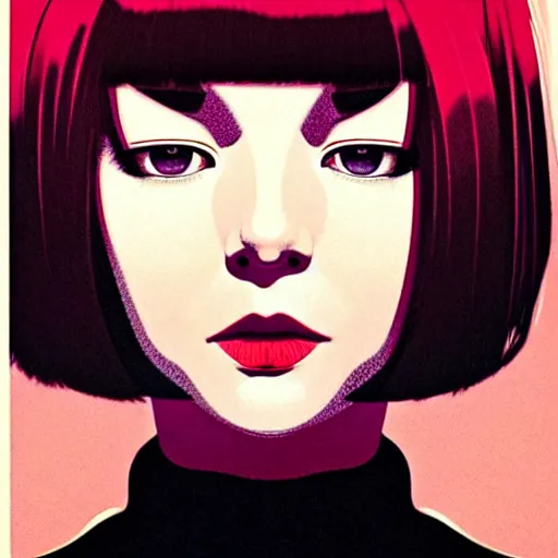 Image similar to woman with bobcut haircut with friendly eyes and slim features looking askance, underground box office hit, satire and seventies italian horror movie, intricate, ultra detailed 8 k, best, cool, extremely beautiful and aesthetic shape of face and neck, art by hiroaki samura and ilya kuvshinov and rossdraws and andy warhol, inverted