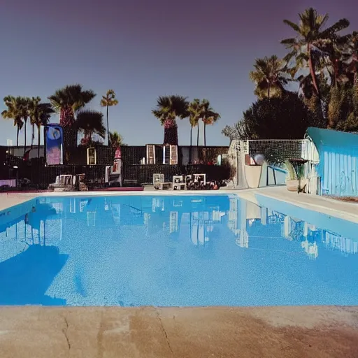 Prompt: a motel swimming pool from a music video by lana del rey