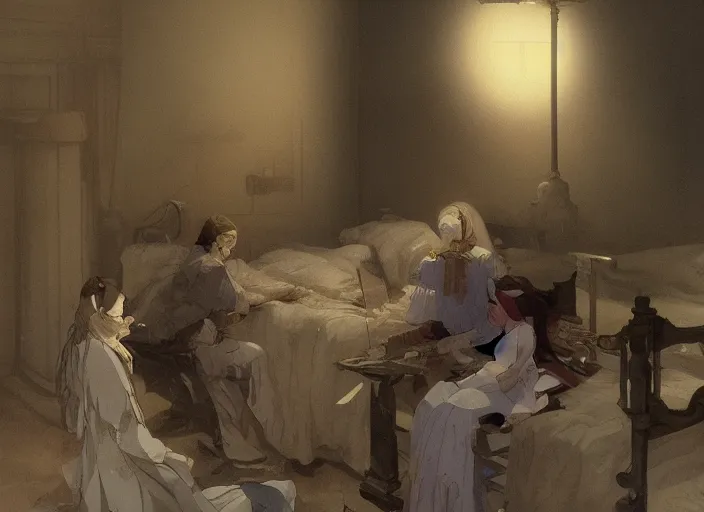 Image similar to 1 8 5 4 crimea, florence nightingale holding lamp, army hospital in scutari at night, wounded patients in beds on both sides of hospital ward, finely detailed perfect art, painted by greg rutkowski makoto shinkai takashi takeuchi studio ghibli