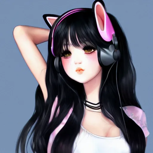 Image similar to realistic beautiful gorgeous natural cute Blackpink Lalisa Manoban black hair fur black cat ears, wearing white camisole summer outfit, headphones, black leather choker artwork drawn full HD 4K highest quality in artstyle by professional artists WLOP, Aztodio, Taejune Kim, Guweiz on Pixiv Artstation