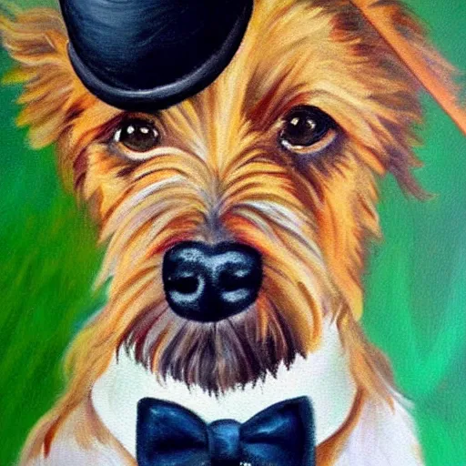 Prompt: beautiful painting of an Irish terrier wearing a monocle and a top hat, oil painting, majestic