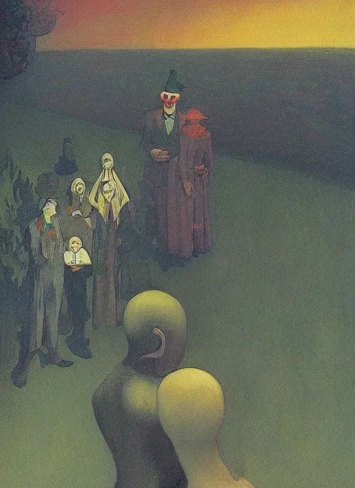 Image similar to clown at a funeral by Anton Bilibin, Edward Hopper and James Gilleard, Zdzislaw Beksinski highly detailed