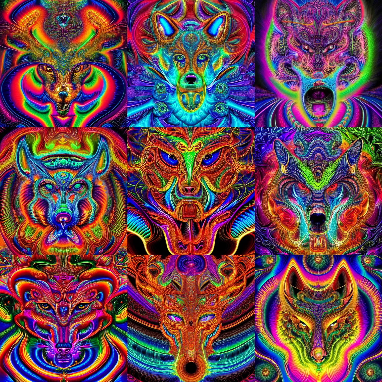 Prompt: a intricate ornate psychedelic image of a neon wolf head opening into a fractal universe, digital art by alex grey, dan mumford, felix kelly, artgerm, psychedelic art, psychedelic, fractalism, fractals, artstation, detailed, art, hyper realism, hyper detailed, cgsociety, ue 5, hd, 3 d