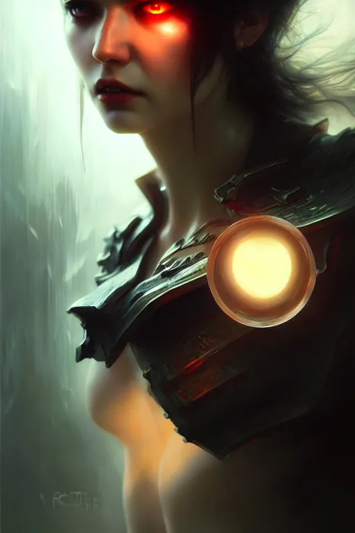 Prompt: beautiful vampire, wonderful eyes, three - dimensional rendering, hyperrealistic detailed portrait holding light and electricity, ruan jia, clap. scifi, fantasy, magic the gathering, over - detailed, octane rendering, concept art by artgerm, peter murbacher, detailed and complex environment