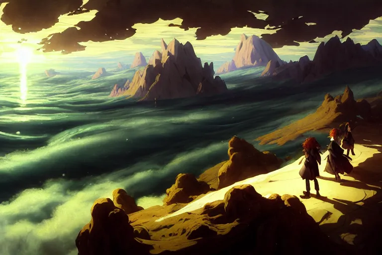 Image similar to baroque oil painting of anime key visual environment concept art of of wanderer above the sea of fog 1 8 1 8 but with anime girl, long flowing brown hair, grimdark fantasy, acrylic painting, trending on pixiv fanbox, palette knife and brush strokes, style of makoto shinkai jamie wyeth james gilleard edward hopper greg rutkowski studio ghibli genshin impact