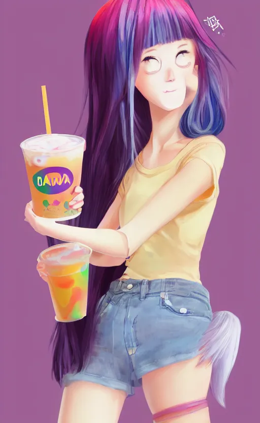 Image similar to a kawaii woman with rainbow hair, happy, summer time, holding boba tea drink, soft eyes and narrow chin, dainty figure, long hair straight down, kawaii shirt and jeans, basic white background, In style of by Jordan Grimmer and greg rutkowski, crisp lines and color