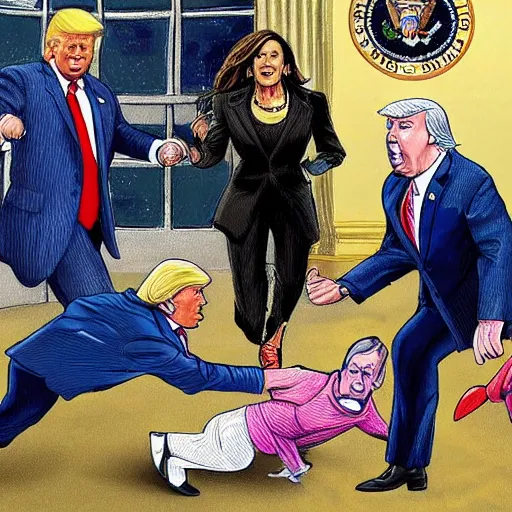 Prompt: an ultra detailed picture portrait of Donald Trump kicking Joe Biden and Kamala Harris out of the white house 8k, photorealistic, Smooth,