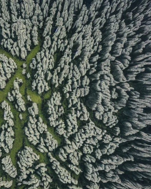 Image similar to alpine landscape, made of intricate decorative lace leaf skeleton, shot from a drone, in the style of the dutch masters and gregory crewdson, dark and moody