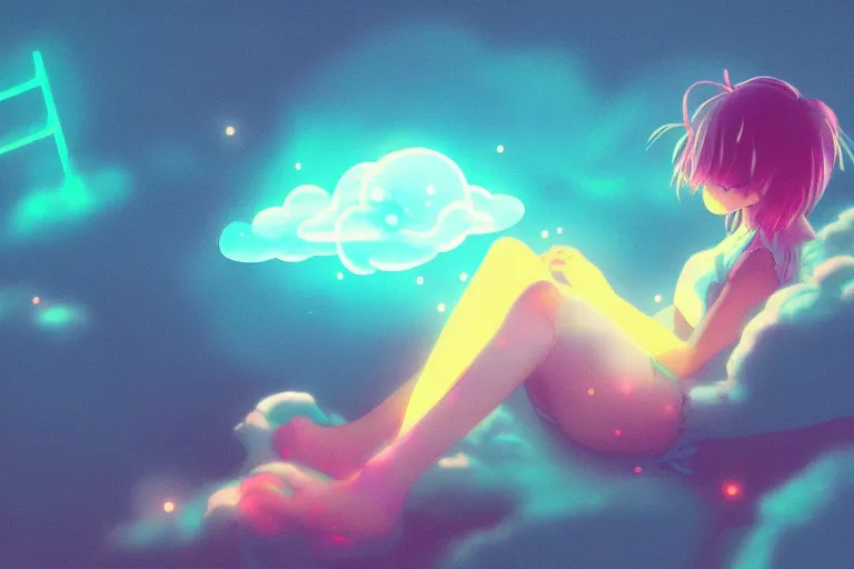 Image similar to a cute anime girl sleeping on a cloud, misty, glows, digital art, hazy, foggy, ambient lighting, 8 k, neon, synthwave,