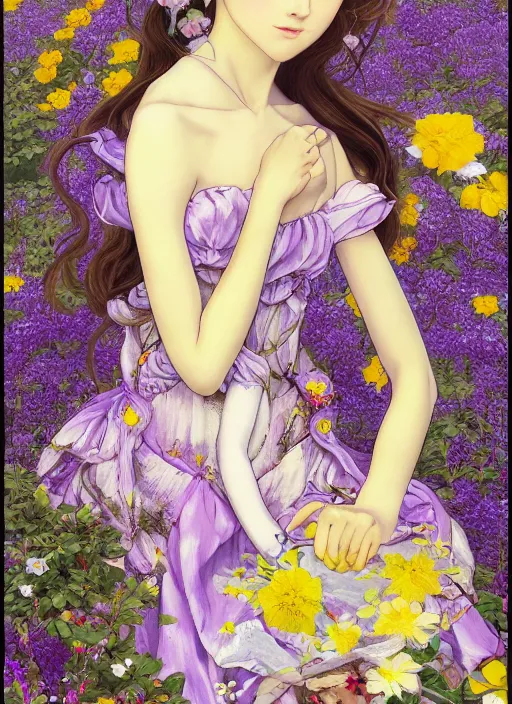 Image similar to elf girl wearing an flower suit, soft hair. light color palate, purple, yellow and white. detailed soft painting, ayami kojima, made in abyss, anatomically correct, ilya kuvshinov, inspired in balthus, high detailed face anime, vogue magazine, glorious composition, mobile wallpaper, mona lisa