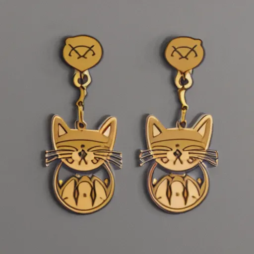 Prompt: 2d cat earrings, laser cut, in the style of mucha, unreal engine, studio lighting