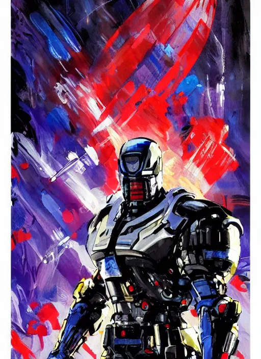 Image similar to marvel mcu falcon, wearing futuristic cybernetic battle armor, by ashley wood, yoji shinkawa, jamie hewlett, 6 0's french movie poster, french impressionism, vivid colors, palette knife and brush strokes, dutch angle