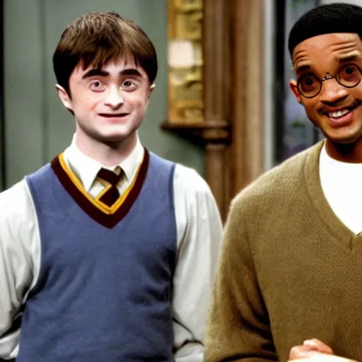 Image similar to Daniel Radcliffe as Harry Potter next to Will Smith in Fresh Prince of Bell Air