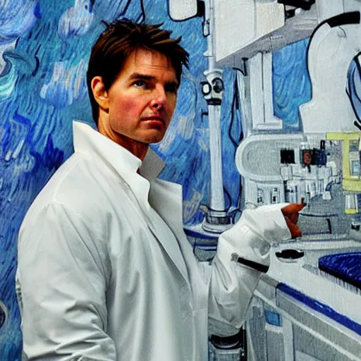 Image similar to Tom Cruise in white lab coat by Van Gogh