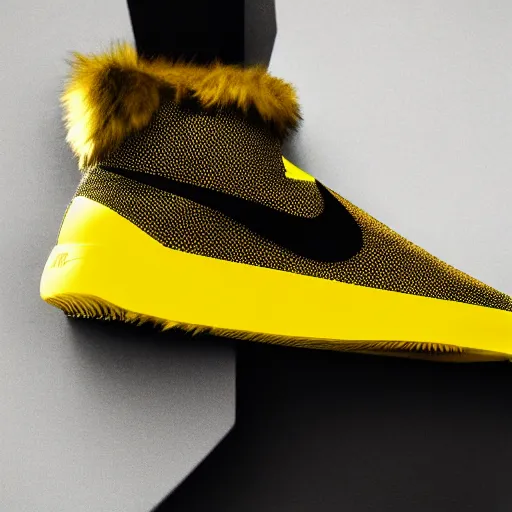 Prompt: nike model shoe made of very fluffy yellow and black faux fur placed on reflective surface, pikachu colors professional advertising, overhead lighting, heavy detail, realistic by nate vanhook, mark miner