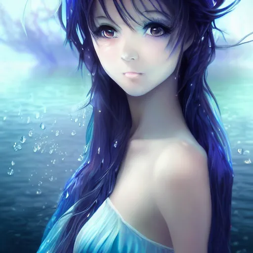 Image similar to advanced digital portrait painting photograph, a very beautiful anime girl wearing a dress made of water standing in a crystal lake turning into mist , full body, very long black hair, azure blue watery eyes, full round face, seductive stare, cinematic lighting, medium shot, mid-shot, highly detailed, trending on artstation, Unreal Engine 4k, Stanley Artgerm Lau, WLOP, Rossdraws, James Jean, Andrei Riabovitchev, Marc Simonetti, and Sakimichan