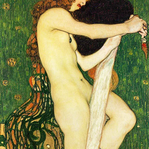 Prompt: sappho playing a broken lyre by gustav klimt and austin osman spare