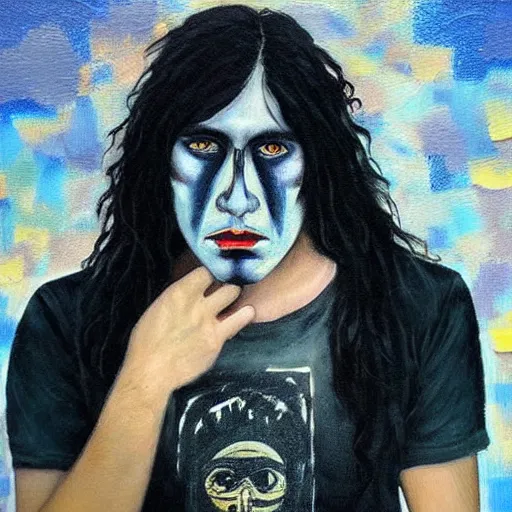 Prompt: “beautiful punk rocker young man with long dark hair and pretty eyes wearing a rock band tee shirt, as painted by vincent van goth, impasto, symmetrical face, symmetrical eyes”