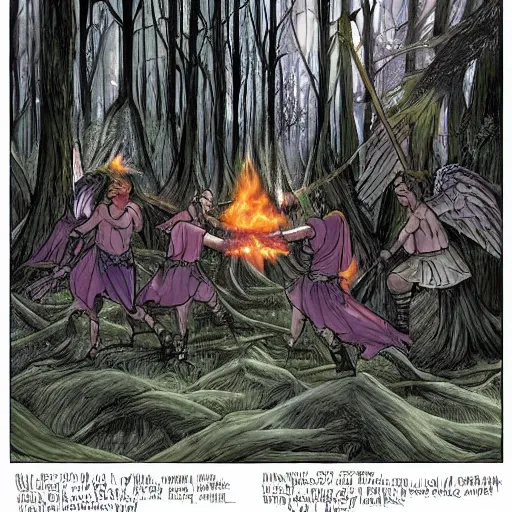 Image similar to a battle between the demon warriors and mages of hell and the angels of heaven in a magical forest. Parts of the forest is burned with charred trees. Lots of holy and damned magic is used