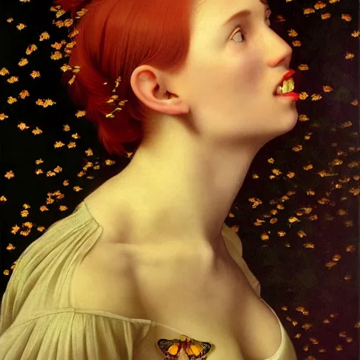 Image similar to a highly detailed portrait of a red haired young woman, among golden fireflies and nature, deep green eyes, hint of freckles, round gentle face, cheeky smile with red lips, deep focus, smooth, sharp, golden ratio, elegant, hyper realistic art by artemisia lomi gentileschi, caravaggio and sakimichan