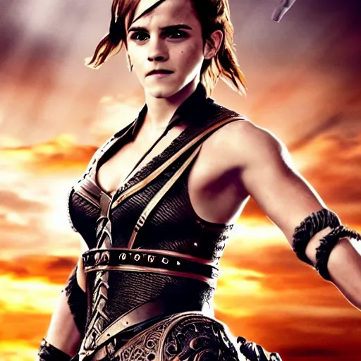 Image similar to emma watson as xena, movie poster. symmetry, awesome exposition, very detailed, highly accurate, professional lighting diffracted lightrays, 8 k, sense of awe